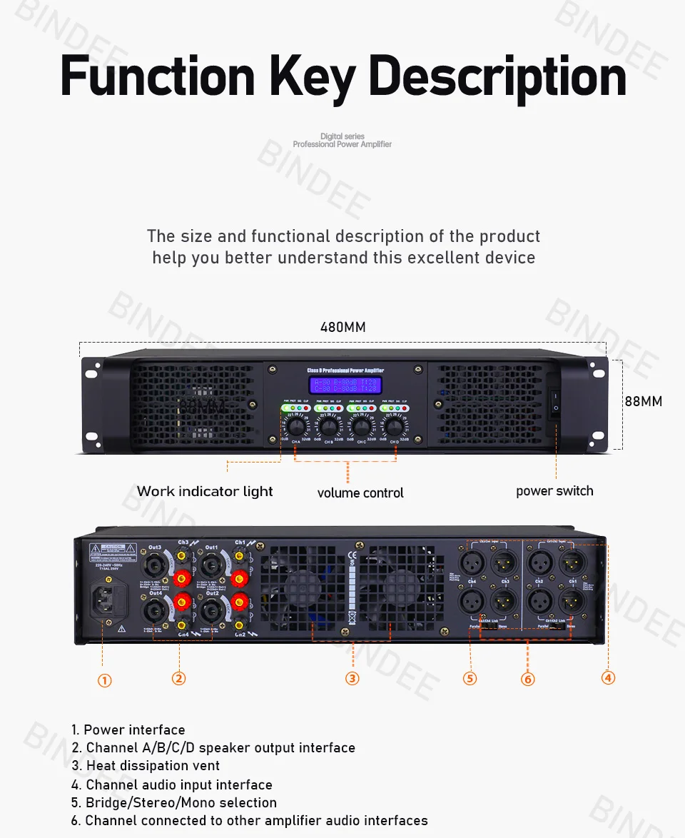 Professional 2/4 channel digital amplifier for conference DJ stage performance church karaoke outdoor suitable for subwoofer