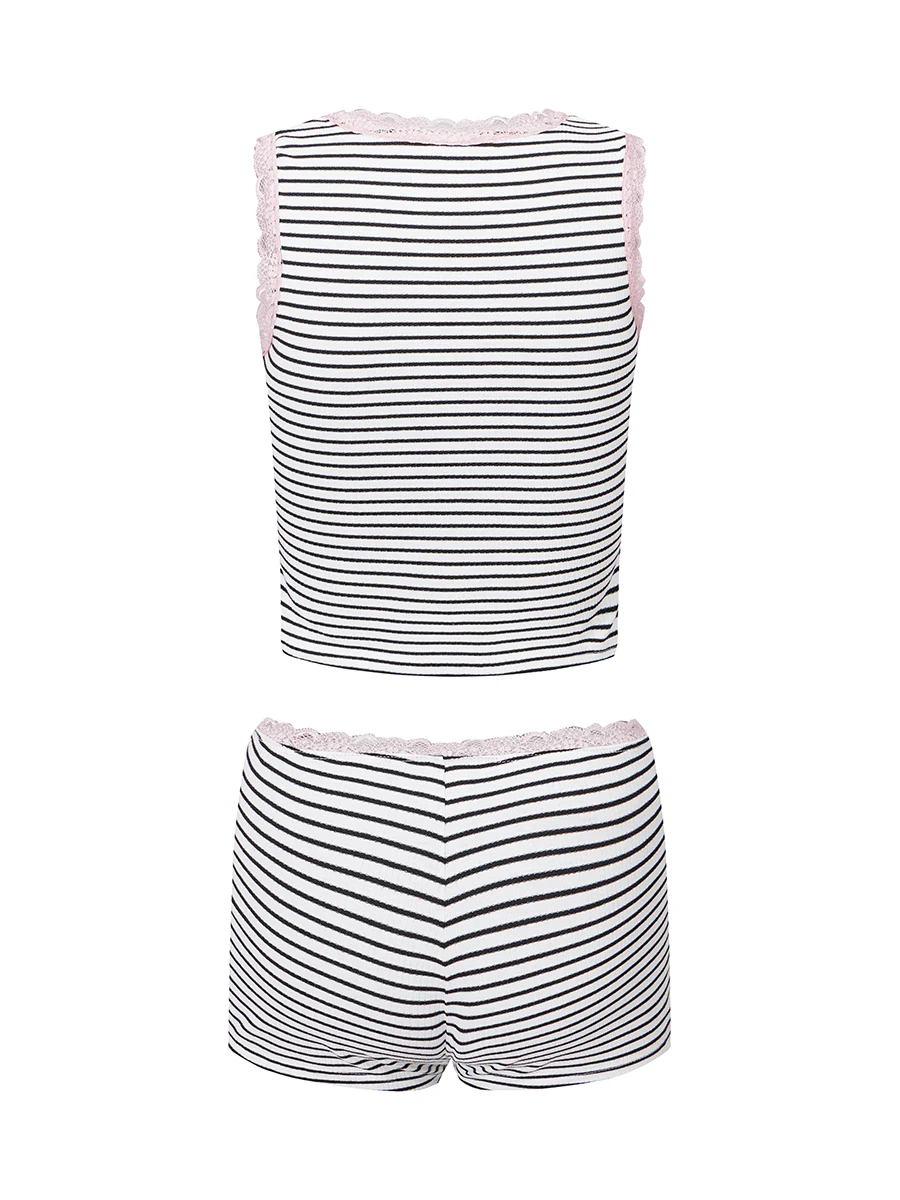 Conjunto de ropa de descanso de verano para mujer, camisetas sin mangas con cuello en V y pantalones cortos de cintura elástica, ropa de dormir de retazos de encaje