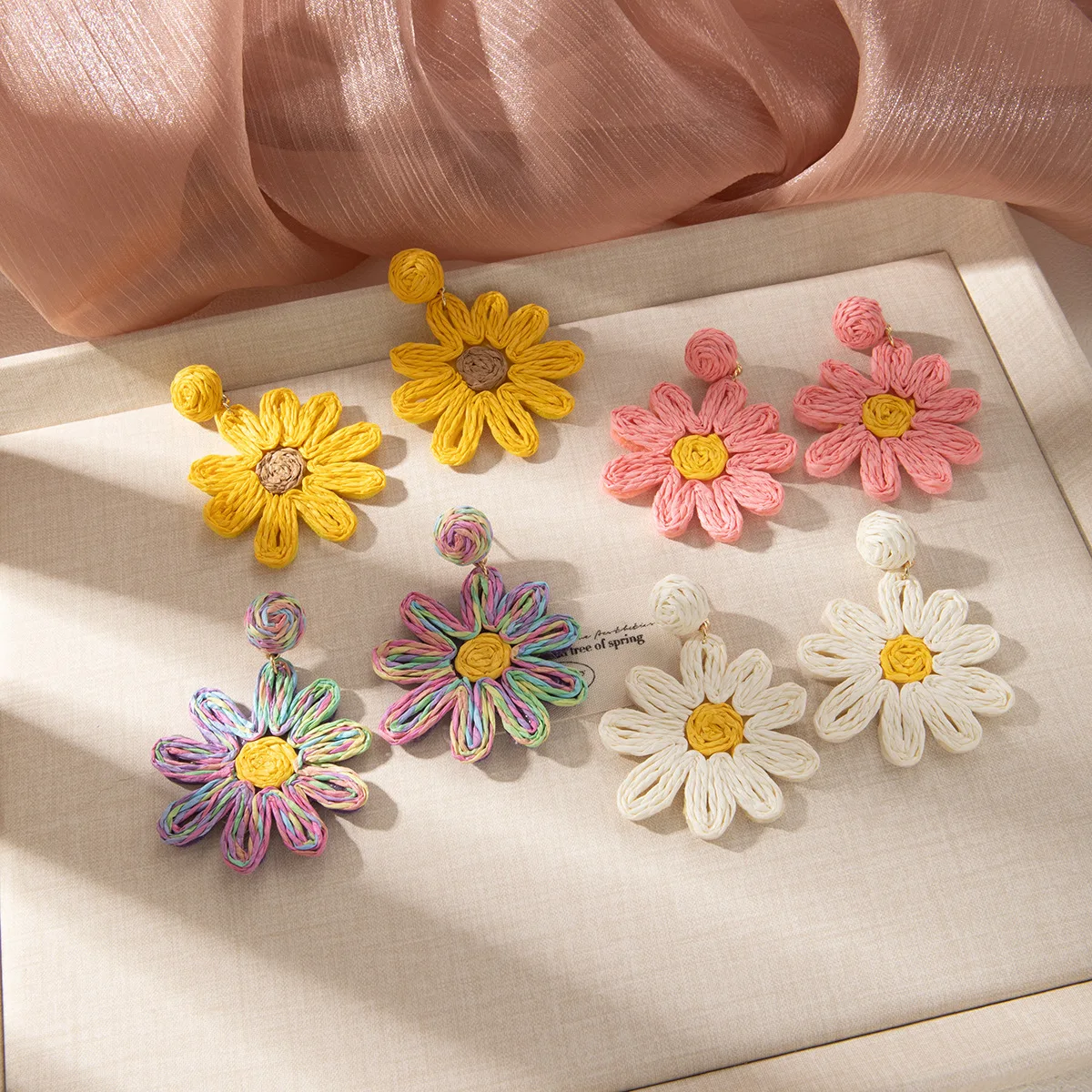 Earrings Woven Raffia Daisy Flower Spring Beach Resort Natural Sturdy Bohemian Vacation Daily Photography Gift for Women