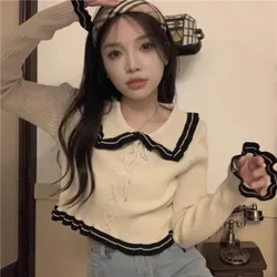 Ruffles Top Women 2024 Autumn Knitted T Shirt Korean Style Patchwork Long Sleeve Tees Slim Tshirts Femme Fashion T-shirt Clothes