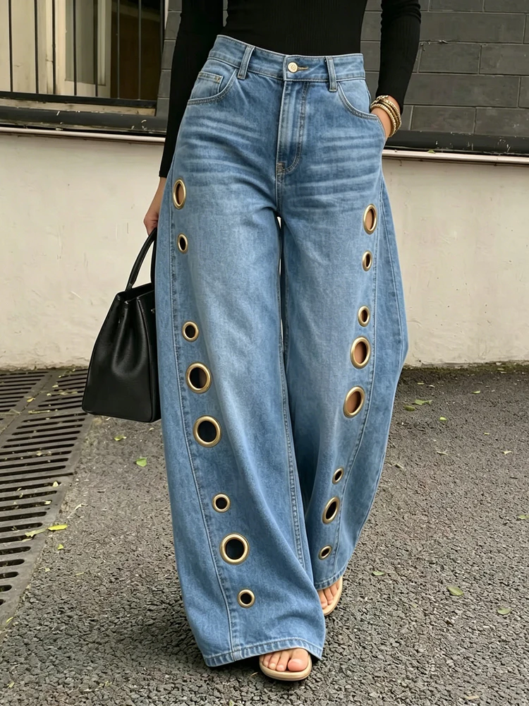 Schicke Y2k-Style Damen High-Waist Wide-Leg Jeans mit Metallösen-Ausschnitten, Hohldesign, Lose Baggy Streetwear Vintage-Hose – Detail 4