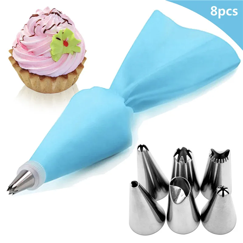 Silicone Glacê Piping Bag, Creme Pastelaria Bag, 6 Bocal De Bolo De Aço Inoxidável, Dicas De Decoração DIY, Ferramentas Fondant, 8Pcs por Saco