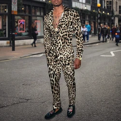 Leopard 3D Print Fashion Summer Men Casual Sportswear Patches Men's Lapel Long Sleeve Shirt Long Pants Two Piece Sets Clothing
