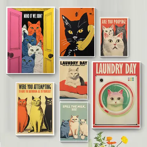 Retro Are You Pooping 귀여운 고양이 인용문 포스터, 재미있는 동물 목욕 프린트 캔버스 페인팅, 벽 예술 그림, 변기 화장실 욕실 장식