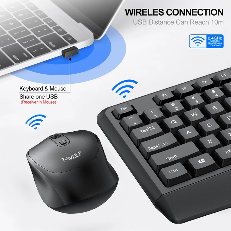 T-WOLF TF100 Wireless Office Keyboard And Mouse Combo Anti-Slip Ergonomic Design for PC Laptops Home Office Use