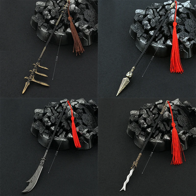 22cm Metal Halberd Lança Gancho Fice Vara Machado Antigo Chinês Armas Manga Anime Toy Desktop Decoração Ornamento Collectibles