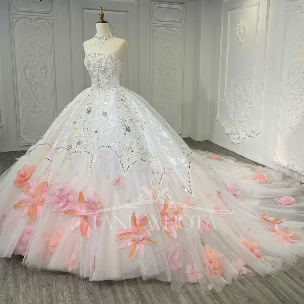 Gaun Pengantin Tanpa Tali Tanpa Lengan yang Dapat Disesuaikan dengan Punggung Berikat Tali, Payet Kristal, dan Hiasan Bunga 3D untuk Pengantin