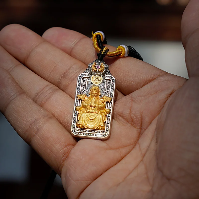 النمط الصيني زهرة ازدهار التنين خمسة الآلهة الثروة الله قلادة من النحاس الرجال النمط الصيني التقليدي Wenwan مربع قلادة H #4