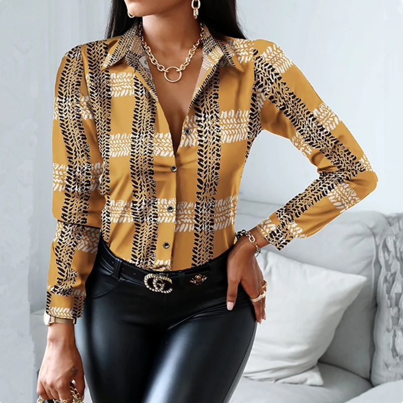 

2023 Fashion New Women Ladies Casual Boutique European and American Vintage Printed Color Matching Long Sleeve Blouses Shirts