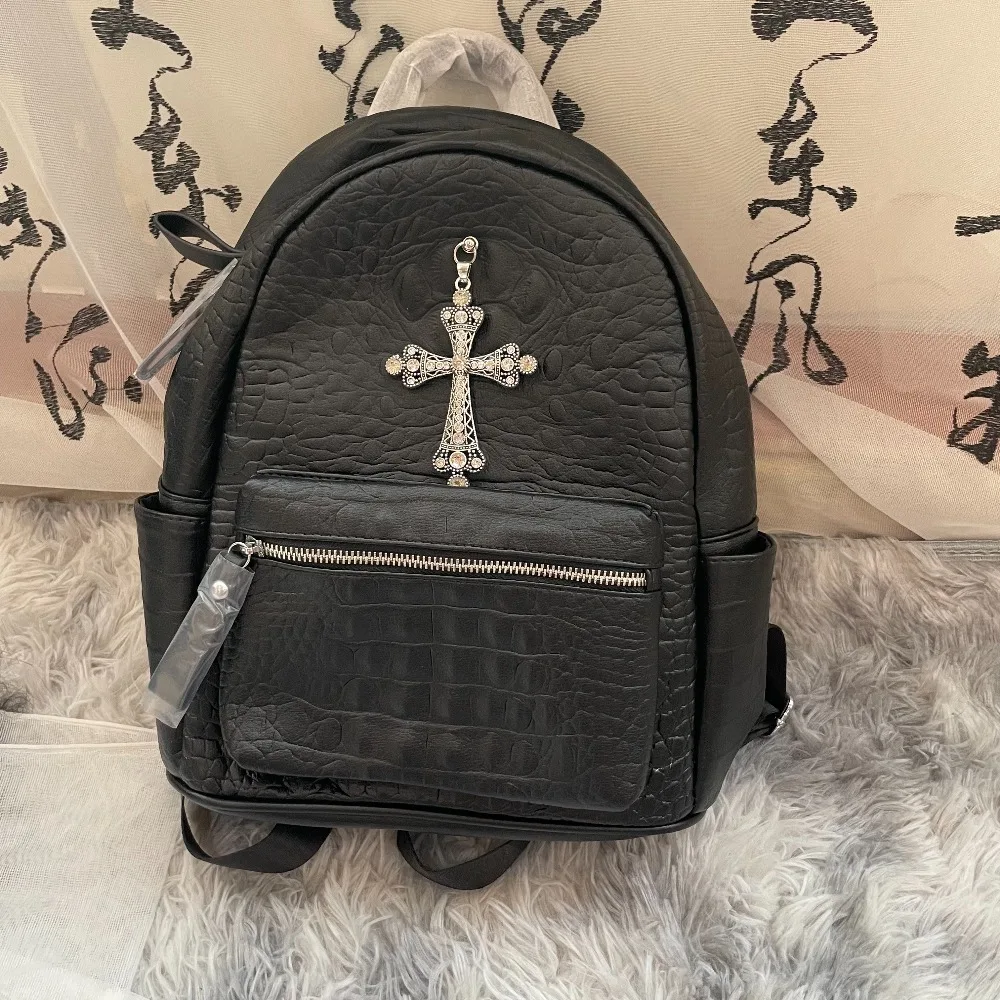 Black Goth Crocodile Pattern Backpack Schoolbag Men's and Women's Premium Texture Original Y2K Backpack