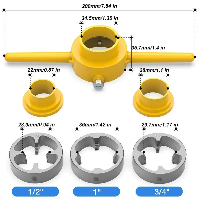 PVC Pipe Threader NPT Thread Tap Die Set, encanamento Screw Maker, poderosa ferramenta de mão, 1/2 ", 3/4", 1 ", 6Pcs