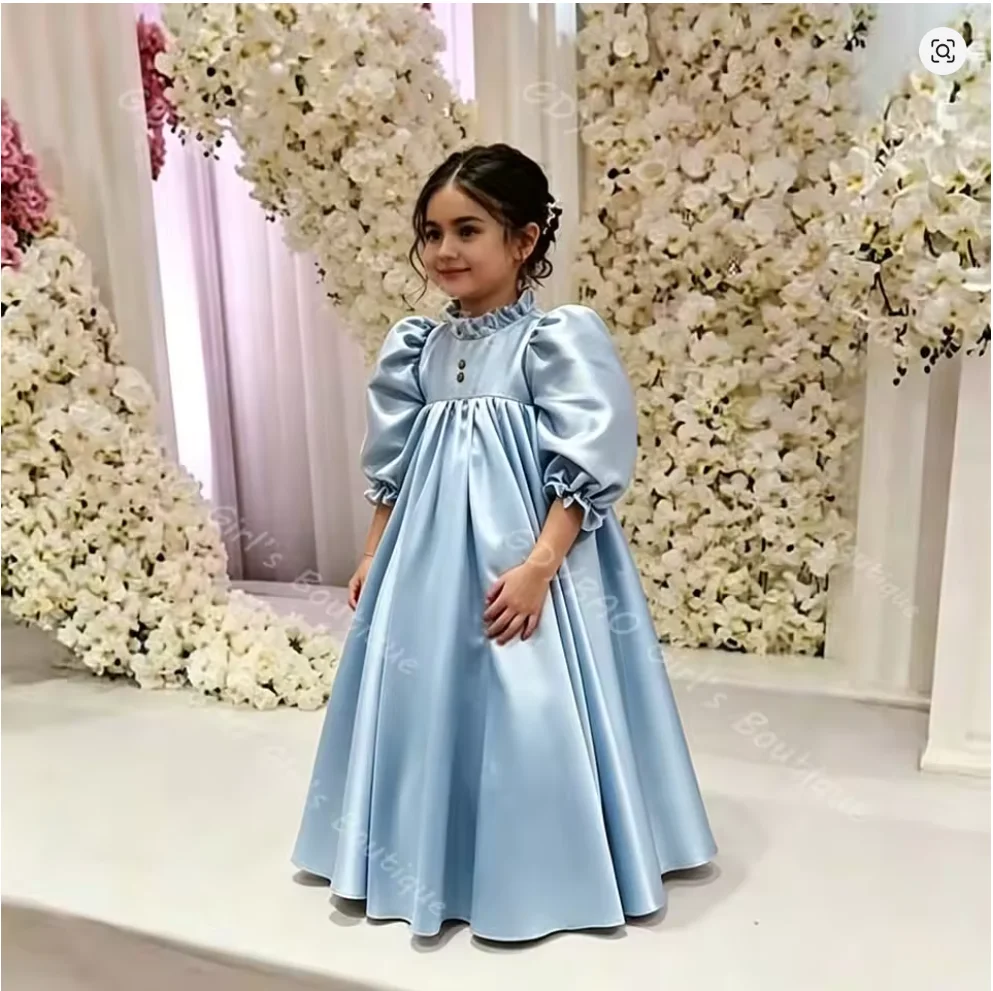 Vintage First Communion Dress For Girls High Waist Balloon Sleeve Ball Gown Long Satin Pleated Wedding Flower Girl Dress Custom