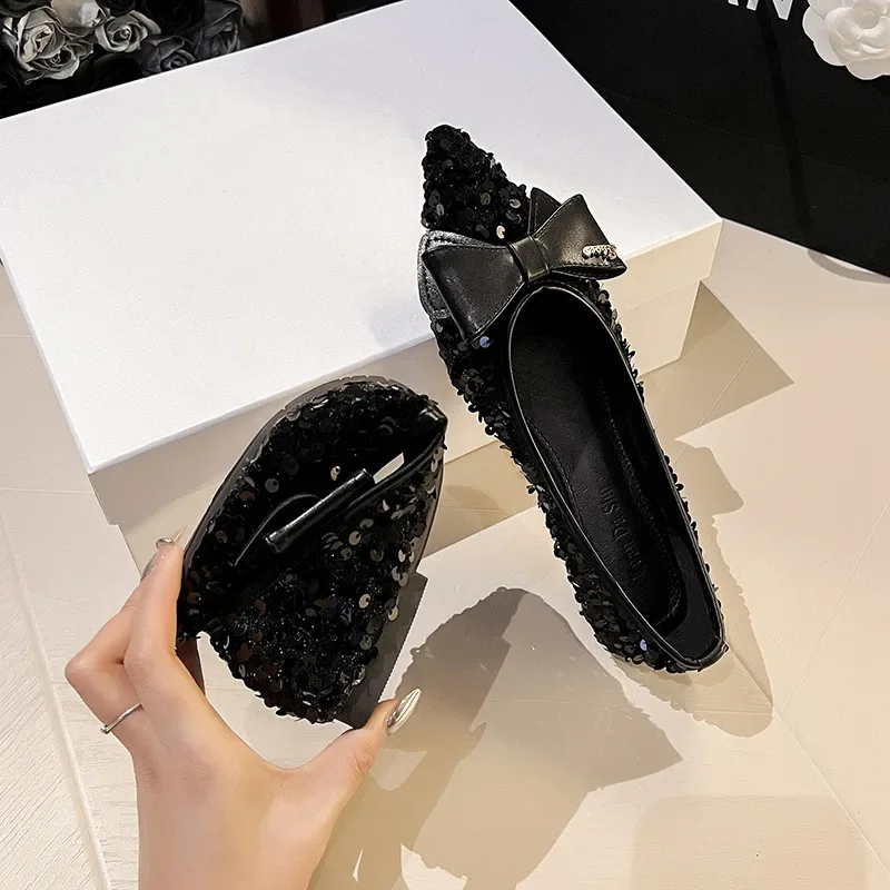 2024Women's Mature Shoes Sequined Butterfly-knot Decoration Pointed Toe Flat Spring New Fashion Style Soft Bottom Bow Women Shoe