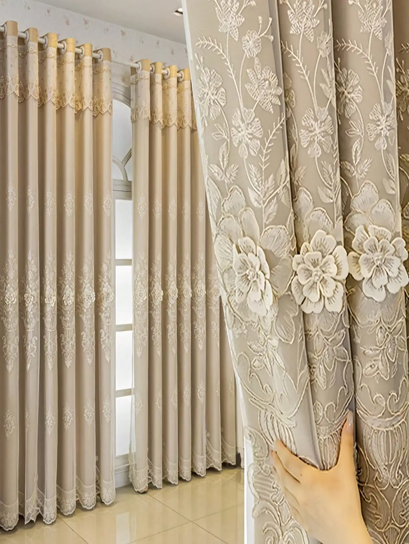 

1pc Glamorous Beige Trimmed Double Layer Embroidered blackout Curtains with Sheer Fabric ，for Living Room ，Bedroom