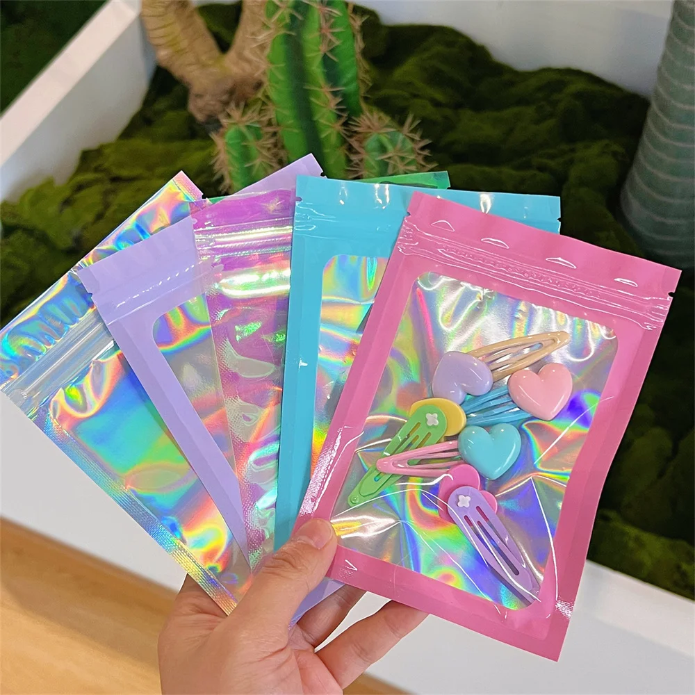 Thick Smell Proof Mylar Bags Holographic Laser Color Plastic Packaging Pouch Jewelry Retail Storage Pouch Gift Zip Lock Bag