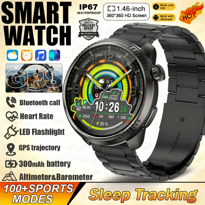 

New GPS Sport Smart Watch Compass 1.46"Screen LED Flashlight 300mAh Barometer Bluetooth Call Heart Rate Sleep Monitor Smartwatch