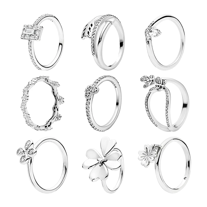 

Silver 925 Original Couple Finger Rings For Women Fine Jewelry Zircon Stones Ice Arrow Wish Four Leaf Flower Crown Butterfly