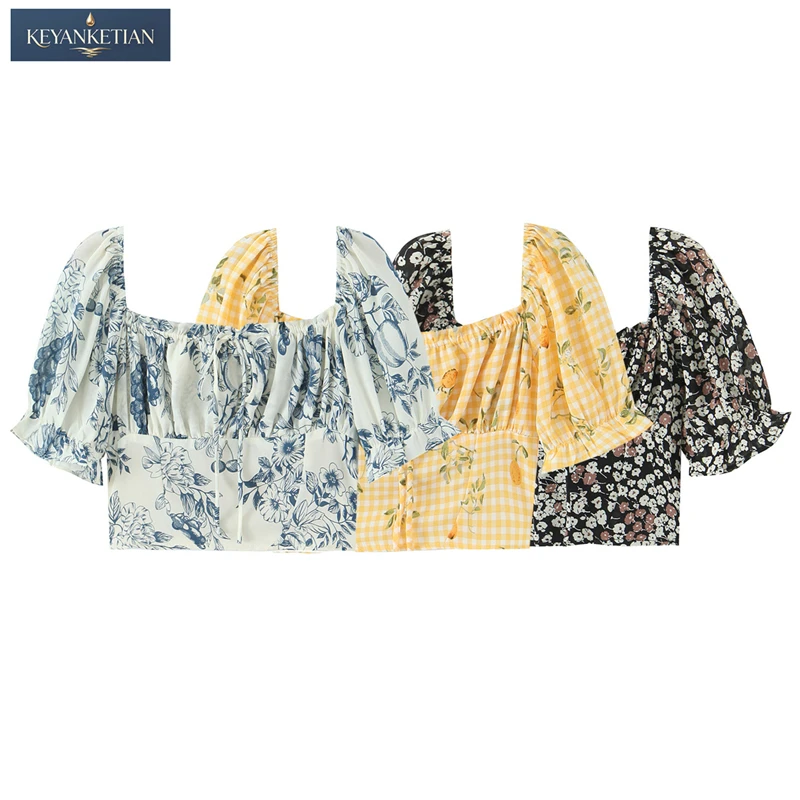 KEYANKETIAN 2026 Summer Romantic French Floral Crop Top Slim Fit Square Neck, Puff Sleeves & Sweet style Drawstring Bust Shirt