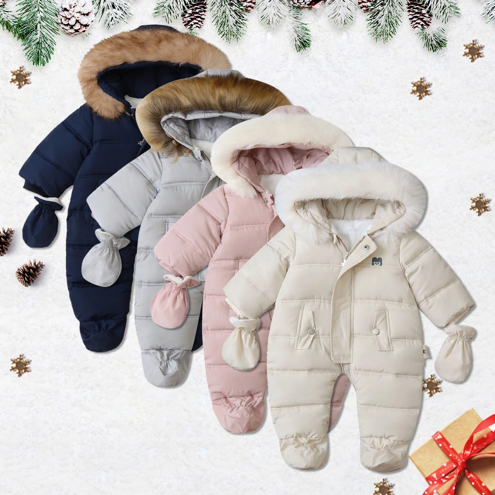 Winter New Baby Rompers Hooded Plush Children\'s Solid Color Jumpsuit Lining Jumpsuits Warm Infant Outerwear Kids Fleece Romper