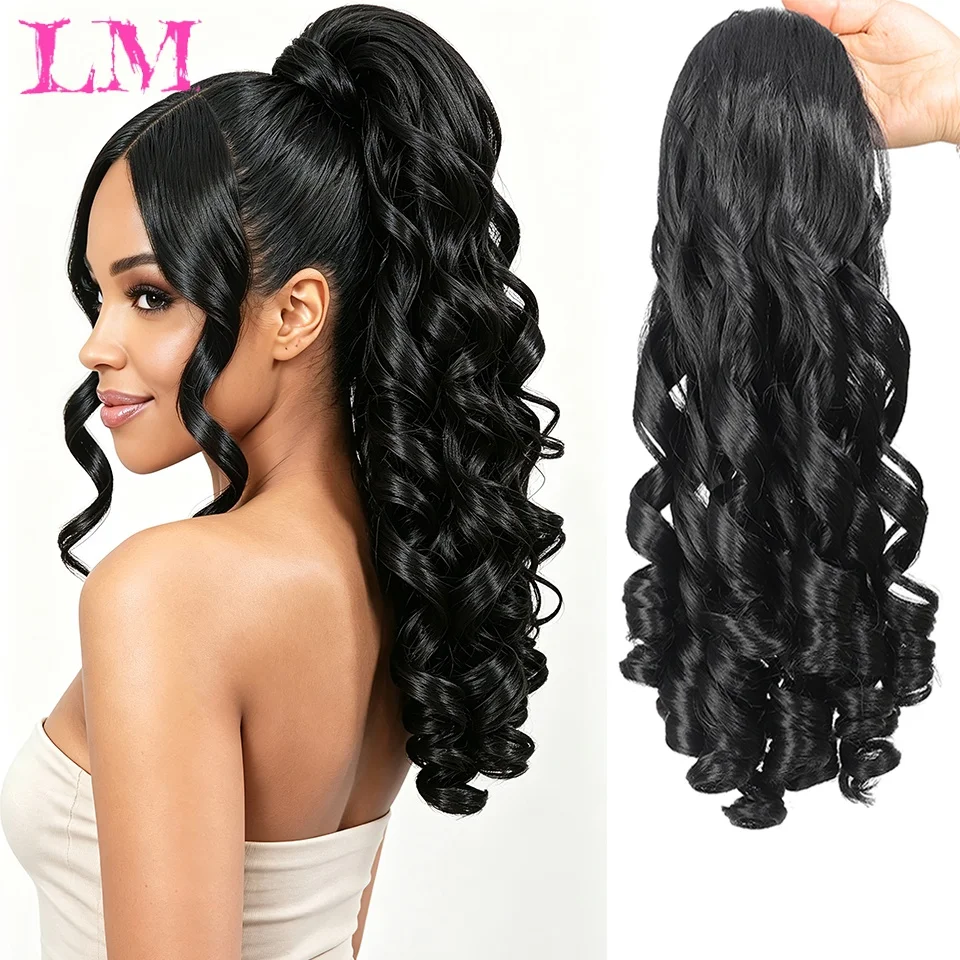 LM Drawstring Ponytail Hair Extensions Black Curly Ponytail Wig Synthetic Wavy Ponytail Hairpieces for Women Daily Party Wear
