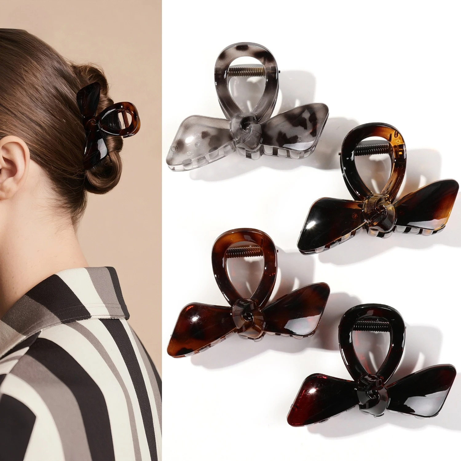 Acrylic Leopard Print Bow Hair Claw High-End Exquisite Ponytail Clip Back of Head Updo Shark Clip for Women's Hair Accessories