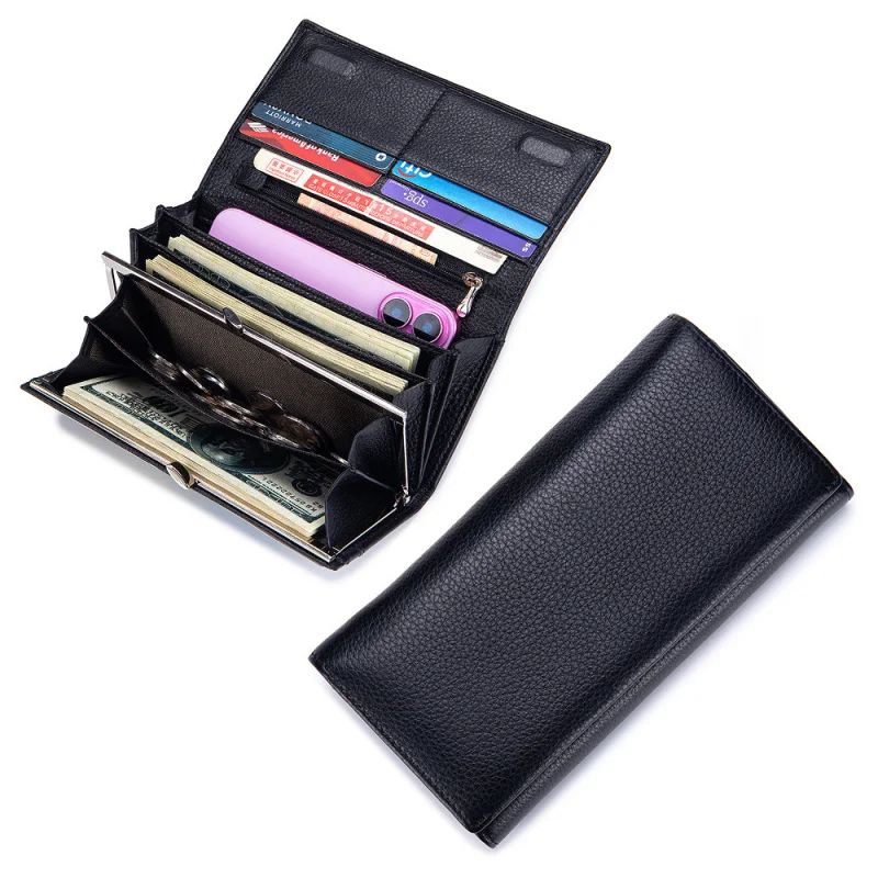 Western Cowhide Leather Long Large Capacity Clip Women Wallet Multi-functional Phone bag Purse for Ladies