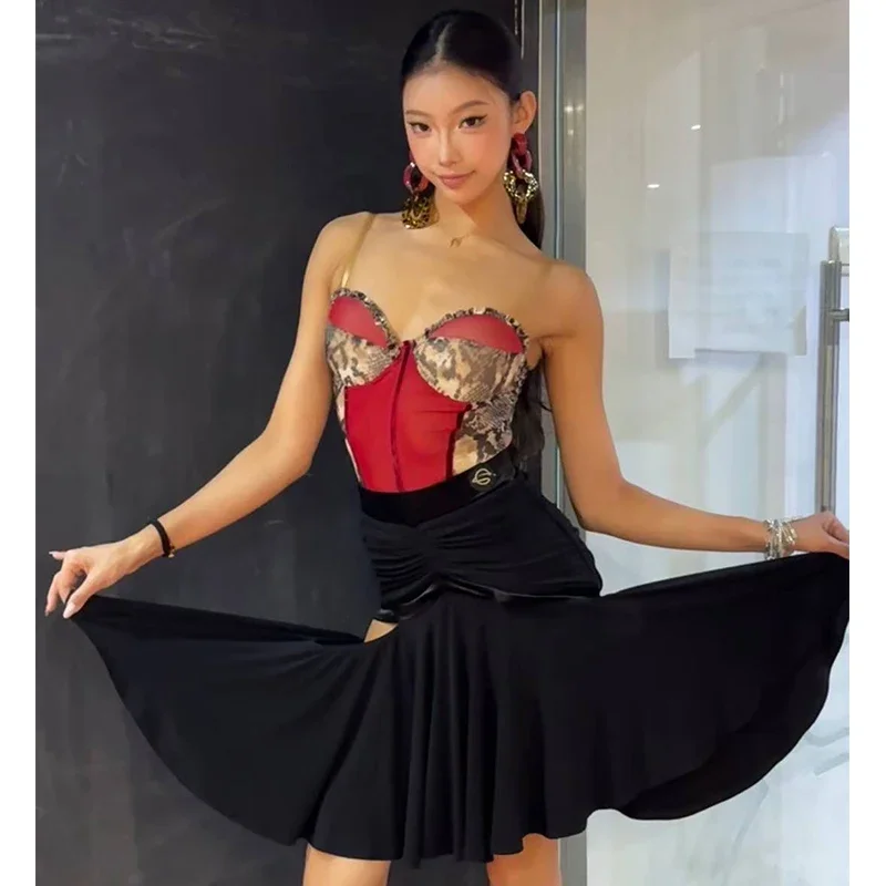

Women Suspender Red Tops Sexy Hollow Out Skirt Professional Performance Costume Competition Dress Latin Dance Clothing