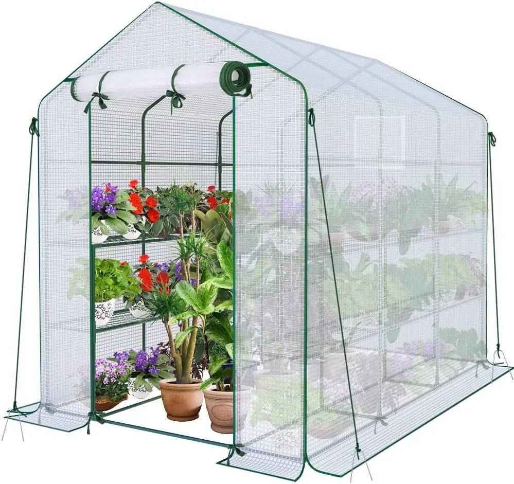 Invernadero de Jardín 143x215x195 cm Vivero Casero Plantas Cultivo con Puerta Enrollable y Ventana,Zipper，Blanco