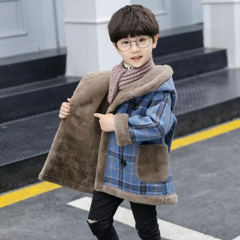 

Зимнее детское шерстяное пальто на утолщенной флисовой подкладке 2024, стильная верхняя одежда унисекс для мальчиков, теплая модная зимняя куртка для детей