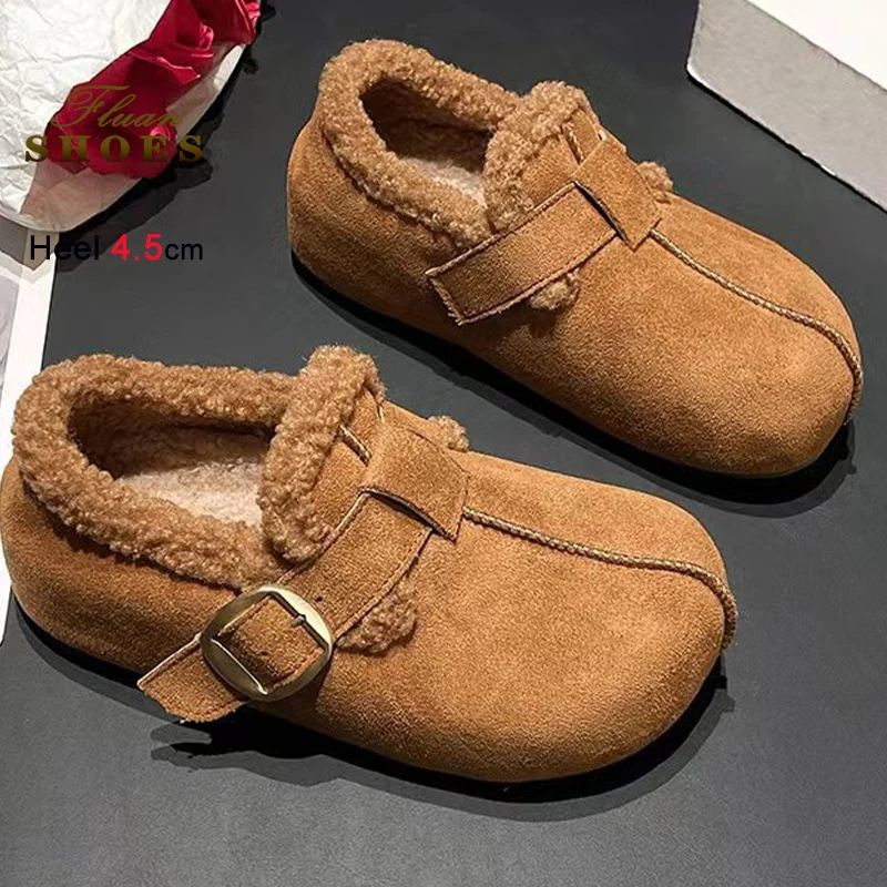 Botines de invierno Camel para mujer, parte inferior gruesa de 4,5 cm, cálidos zapatos planos acolchados de algodón y lana de cordero para mujer, botas de nieve de felpa, talla 35-40