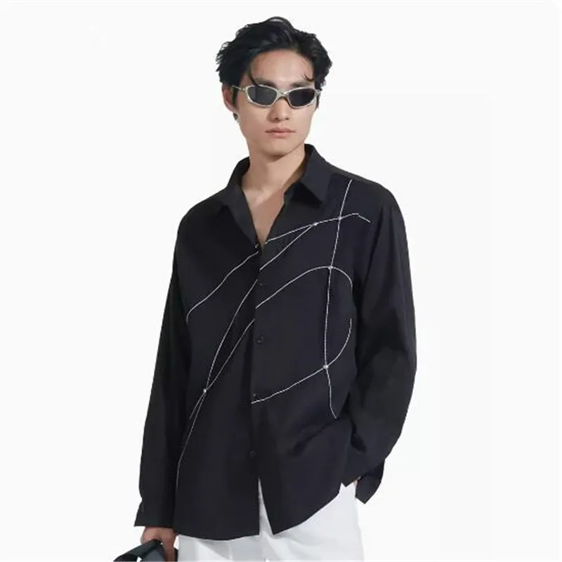 

2024 new spring original design sense niche black shirt male loose fashion brand plankton Shuai casual long-sleeved top