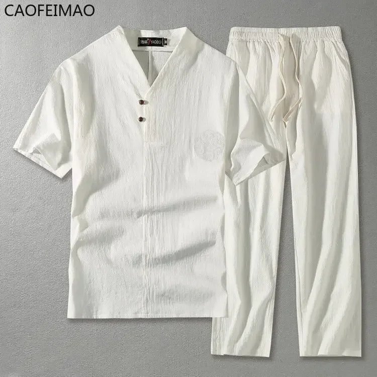 Men's Clothing Large Size Tracksuit Husband 2025 Summer Suit Linen t-shirt Fashion Male Set Chinese Style 8XL 9XL plus Two Piece