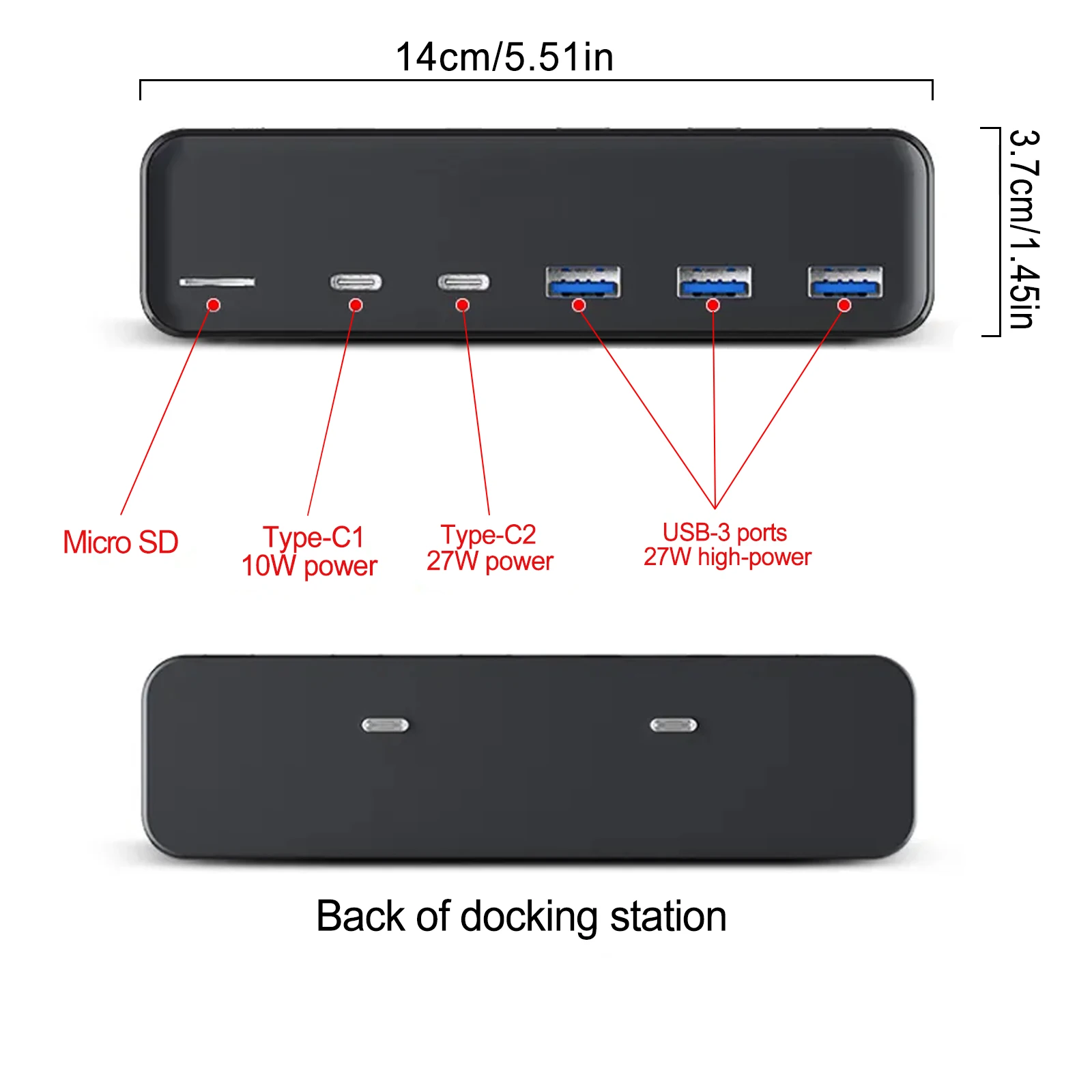 USB Hub 27W Docking Station Intelligent Fast Charging 6 In 2 Type-C Micro SD For Tesla Model 3 Model Y 2021-2023