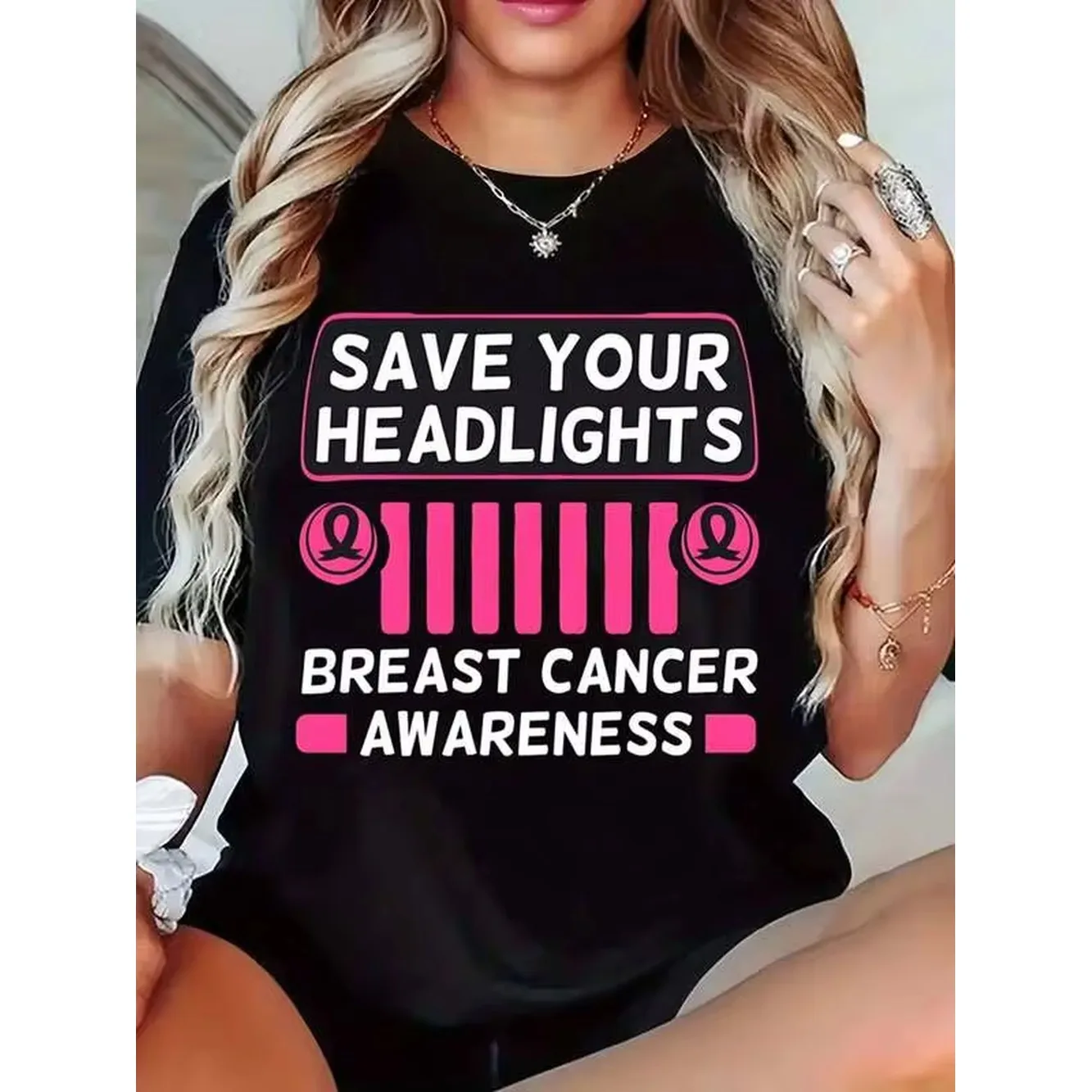 Save Your Headlights Breast Cancer Awareness Pink Ribbon Ladies Round Neck Short Sleeve Casual Funny Graphic Tee Summer Outdoor Wear