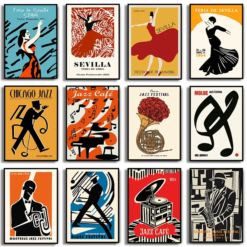 Vintage Abstract Jazz Festival Monte Carlo Ballet Instrument Poster Canvas Painting Nordic Music Festivals Wall Room Home Decor