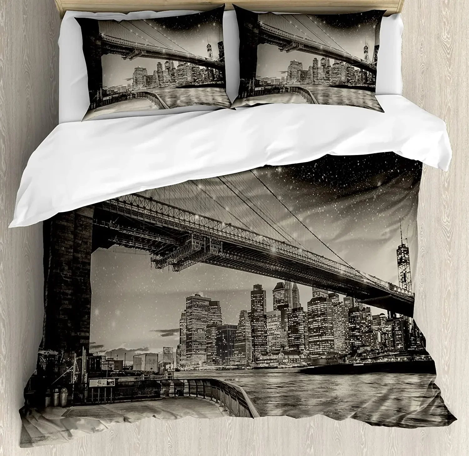 Juego de cama de Nueva York para dormitorio, cama, hogar, noche de verano en Manhattan Brooklyn Bridge Park, funda nórdica, funda de edredón y funda de almohada