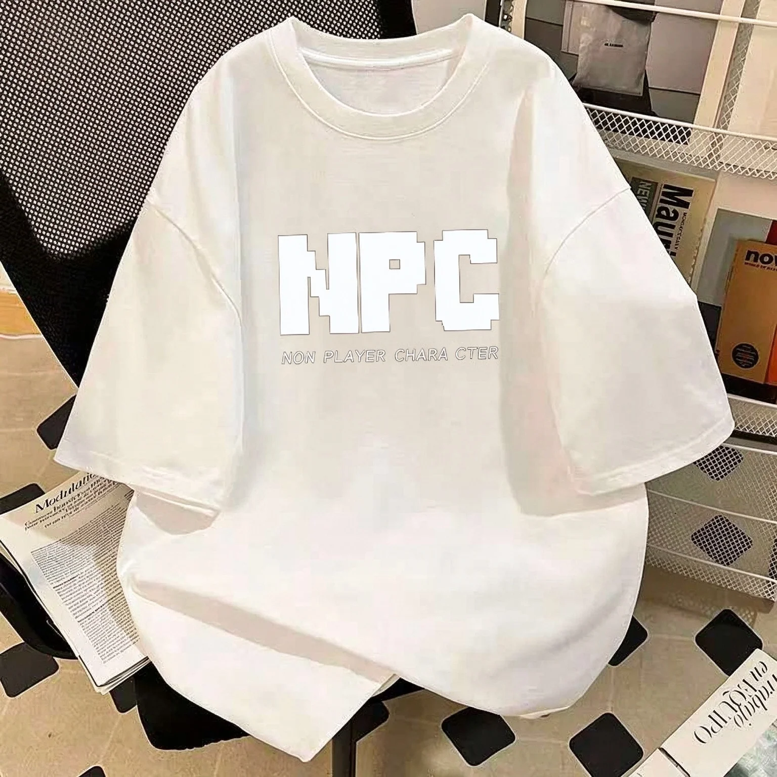Men Women NPC Pixel Letter Print T-Shirt Casual Loose Short Sleeve Top Streetwear Black White Grey Navy Cream