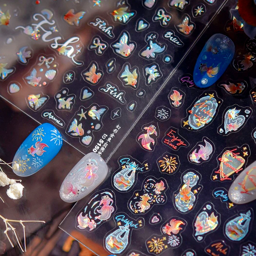 

Cute Pocket Goldfish Colourful Fish Shell Brocaded Carp Bowknot Fireworks Ripple Nail Art Stickers Manicure Decals Decorations