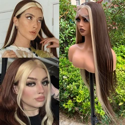 Brown Mixed Blonde Highlight Synthetic Wigs for Women 26 Inch Long Straight Lace Front Wig Natural Hairline 150 Density 13x4 Wig