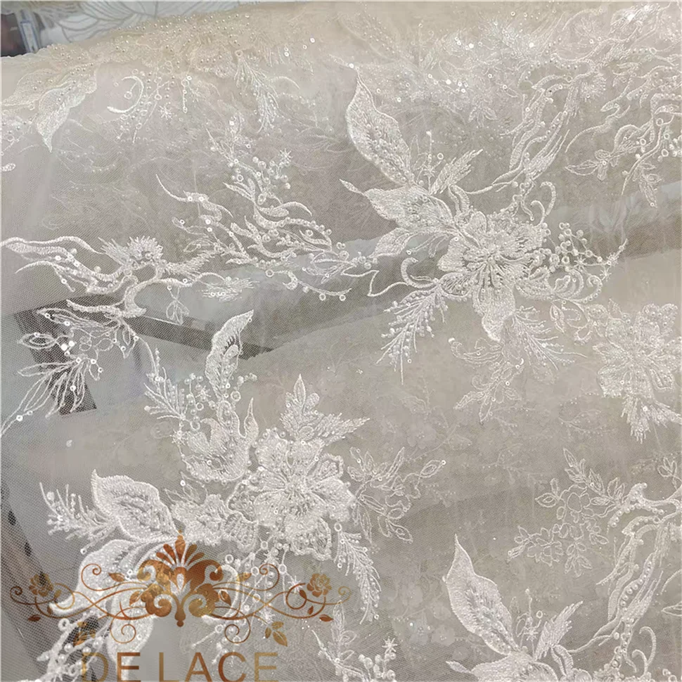 JZQ Luxury 3D Beaded Pearl Floral Embroidery Bridal Handmade Lace Fabric Ivory Beads Sequin Lace for Wedding Dress