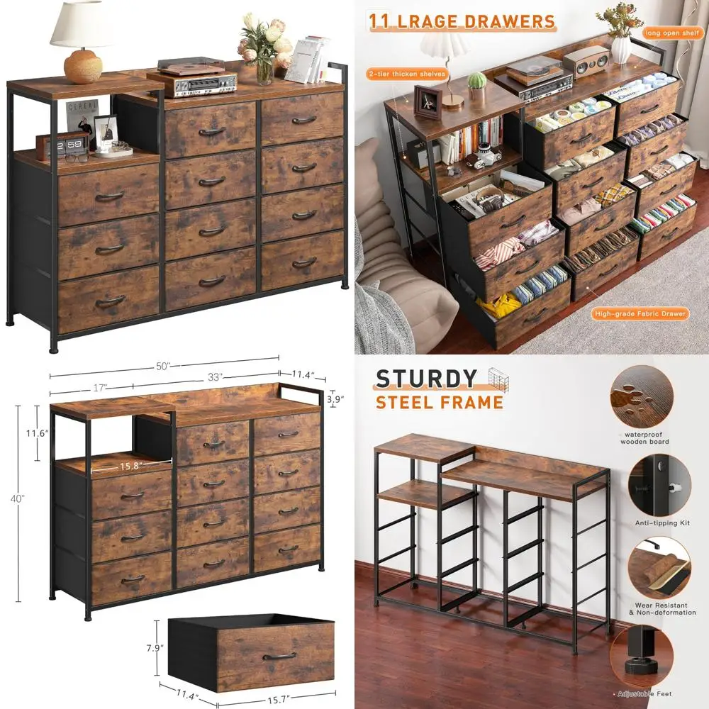 

Large Bedroom Dresser with 11 Drawers, TV Stand and Shelves, Wide Storage Chests of Drawers for Extra Space