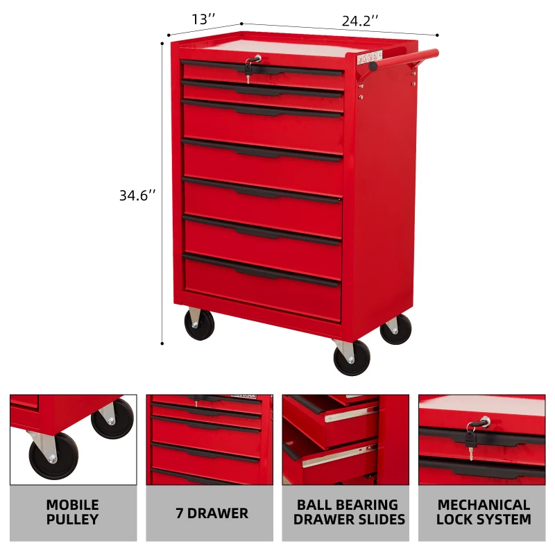 Cassetti anti-armadietto Chiave alta Lbs Rolling Tool Rolling Tool Cabinet Cassettiera per attrezzi con ruote a 7 cassetti, grande capacità
