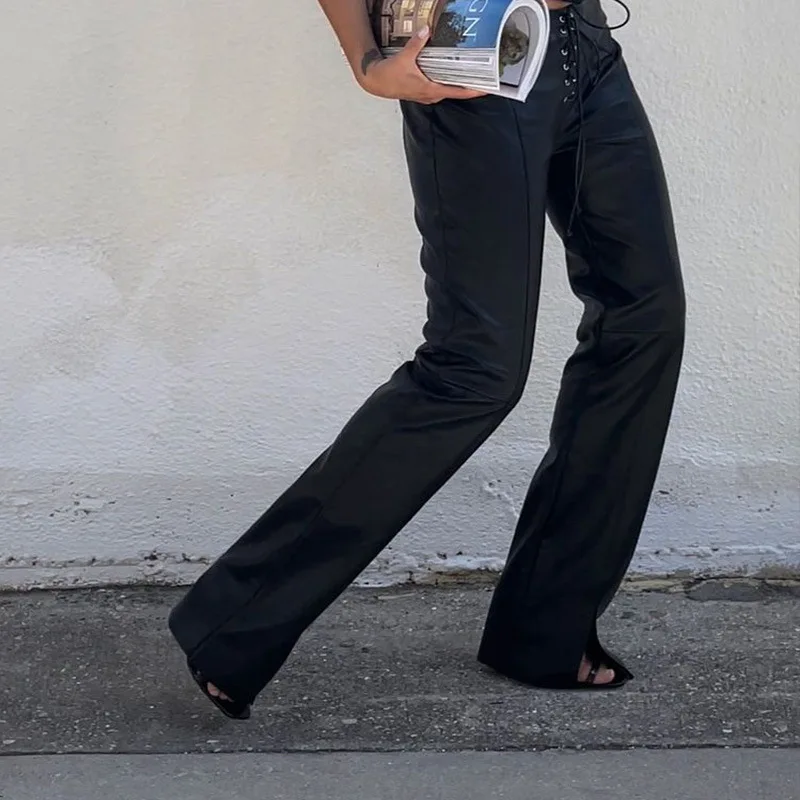 Fall 2024 Women's Casual Straight Leg PU Leather Pants Belted Low Waist Cross-Border Faion Ladies' Long Trousers