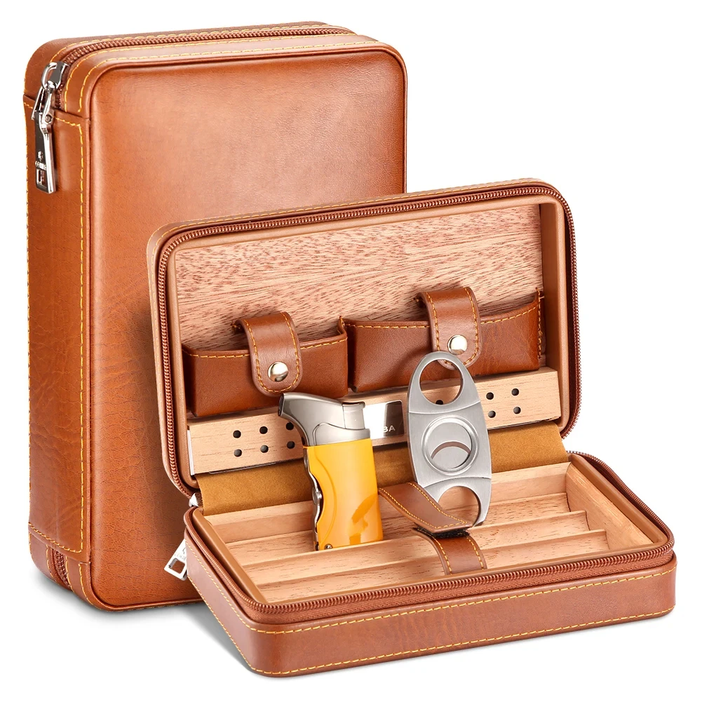 

Portable COHIBA Humidor Cigar Box Travel Cigar Case Leather Cedar Wood Cigar Humidor Box W/ Cutter Lighter Pro Set Accessories