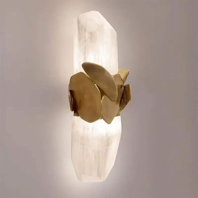 Modern Warm White Brass Selenite LED Wall Lamp Dimmable Function for High-End Residential Bathrooms Bedrooms Living