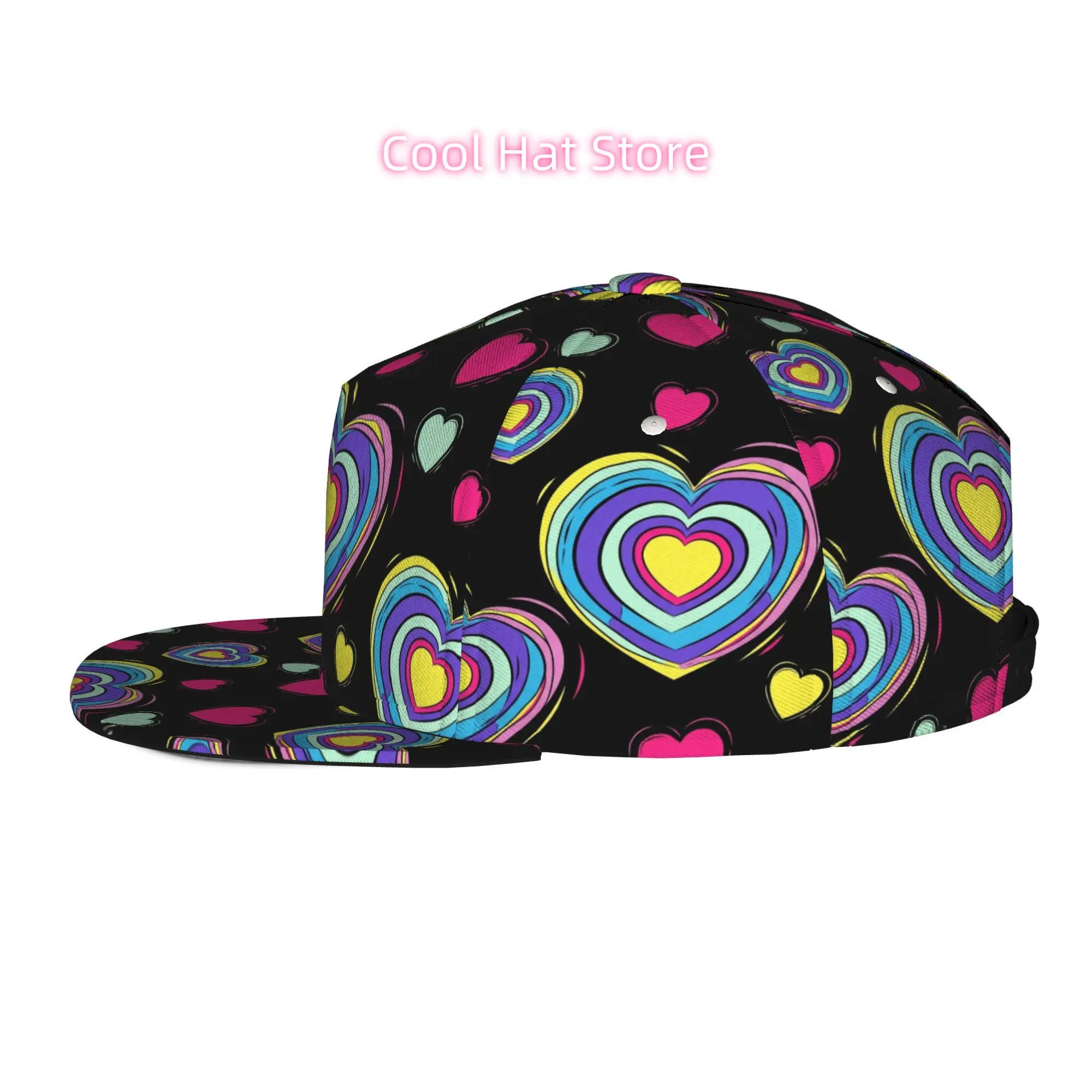 Baseball Caps for Both Men And Women Featuring Adjustable Snap Brims And a Flat-Top Design with Vibrant Abstract Heart Patterns