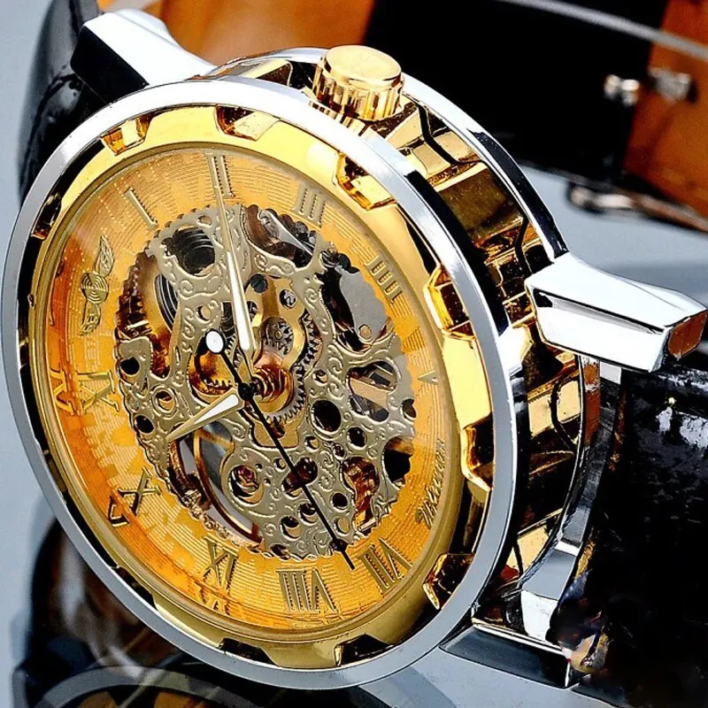 Heren Mechanisch Polshorloge Met Zwart Lederen Band 1Pc Luxe Mode Rvs Skelet Mechanisch Horloge Voor Het Bedrijfsleven