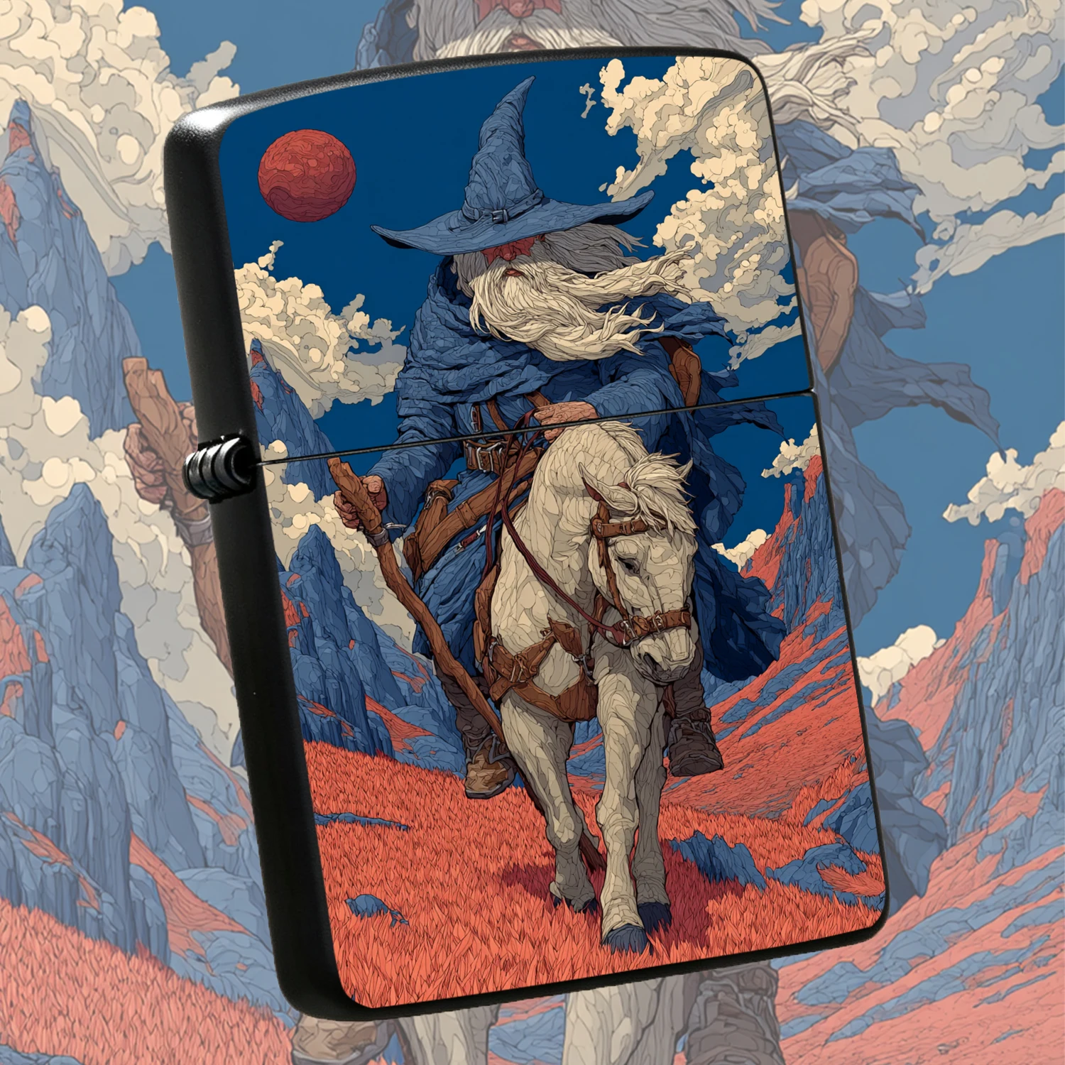 Vintage Fantasy Wizard Horse Riding Lighter, Retro Style Art Printed Butane Lighter, Creative Red Blue Wilderness Travel Themed PORTABLE Lighter, Unique Collectible Gift for Men Father Boyfriend Smokers Outdoor Use A Fun and Humorous Light