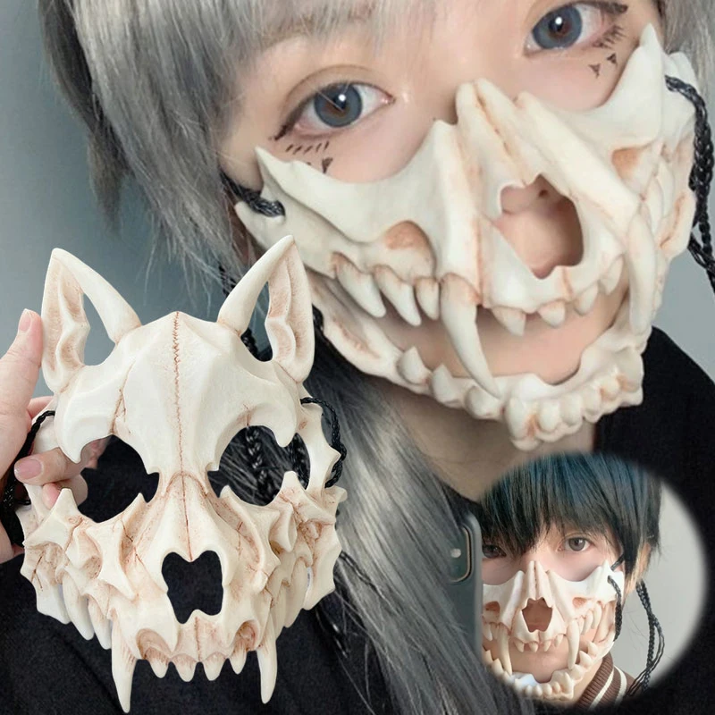 Party Skull Mask Long Teeth Demon Skeleton Half Face Mask Wolf Dragon Tiger Houjuu Nue Mask Cosplay Halloween Costume Props