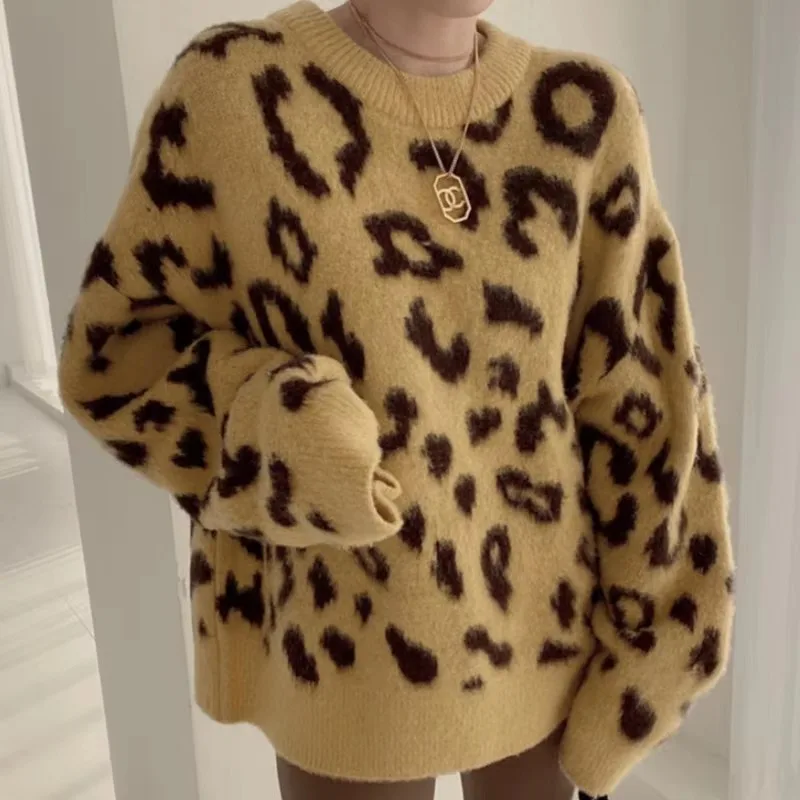 Pullover Women\'s New Korean Style Fashion Round Neck Loose Leopard Long-sleeved Sweater Basic Base Sweater Women\'s Top Y2k Girl